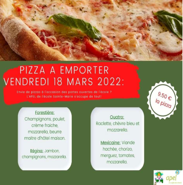 Vente de pizza par l’APEL de l’école Sainte Marie Cossé